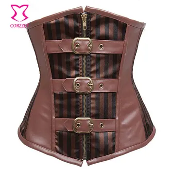 

Brown Striped Satin & Faux Leather Cupless Bustier Sexy Underbust Corset Steampunk Clothing Women Steel Boned Corsets Bustiers