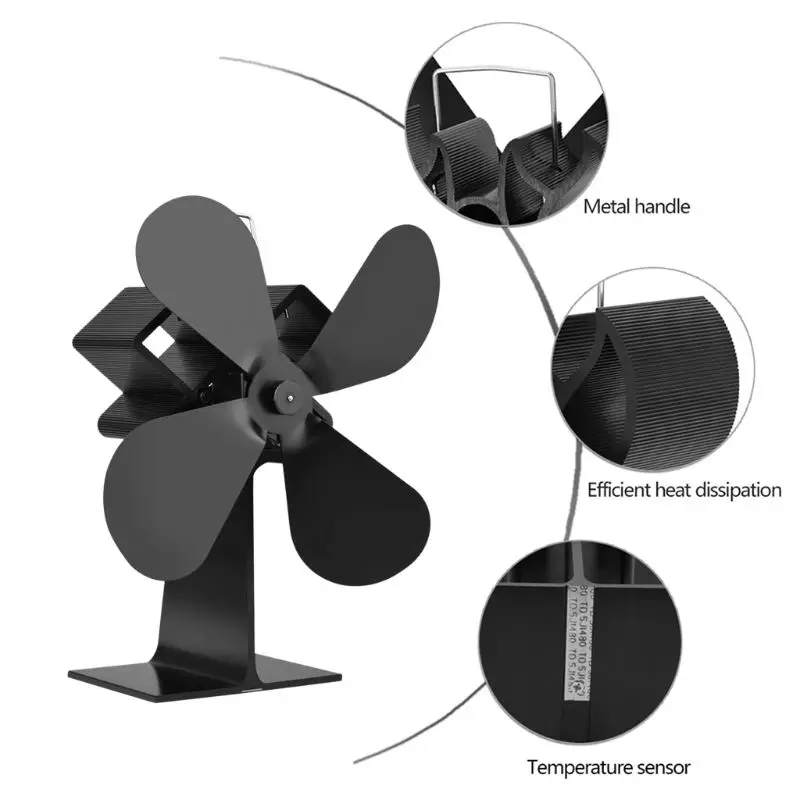 4 лопасти вентилятор для печи, работающий от тепловой энергии бревенчатая древесная горелка Ультра тихий черный Домашний Вентилятор для камина эффективное распределение тепла черный