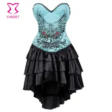 Blue Floral Print Cotton With Rhinestones Sexy Gothic Dresses Corset Dress Steampunk Clothing Women Victorian Burlesque Costumes