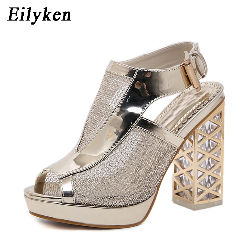 

Eilyken Summer Woman Sandals Gold Open Toe Sandal Lace Dress Shoes Womens High Heels Sandals Square Heeled Pumps Ladies Shoes