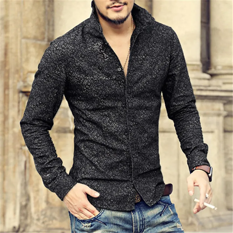Goede Zwart Denim Shirt Mannen Merk lange mouw stand Kraag Mannen bloemen overhemd afdrukken casual slim fit camisa sociale masculina S2002