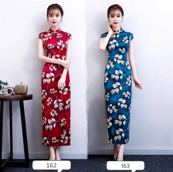 

Shanghai Story 2019 New Arrival Faux Silk Long Cheongsam Dress Short Sleeve Leaves Print Qipao Oriental Style Dress