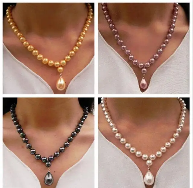 

Beautiful 18" 8mm Round Shell Pearl 12x16mm Drop Pendant Necklace AA