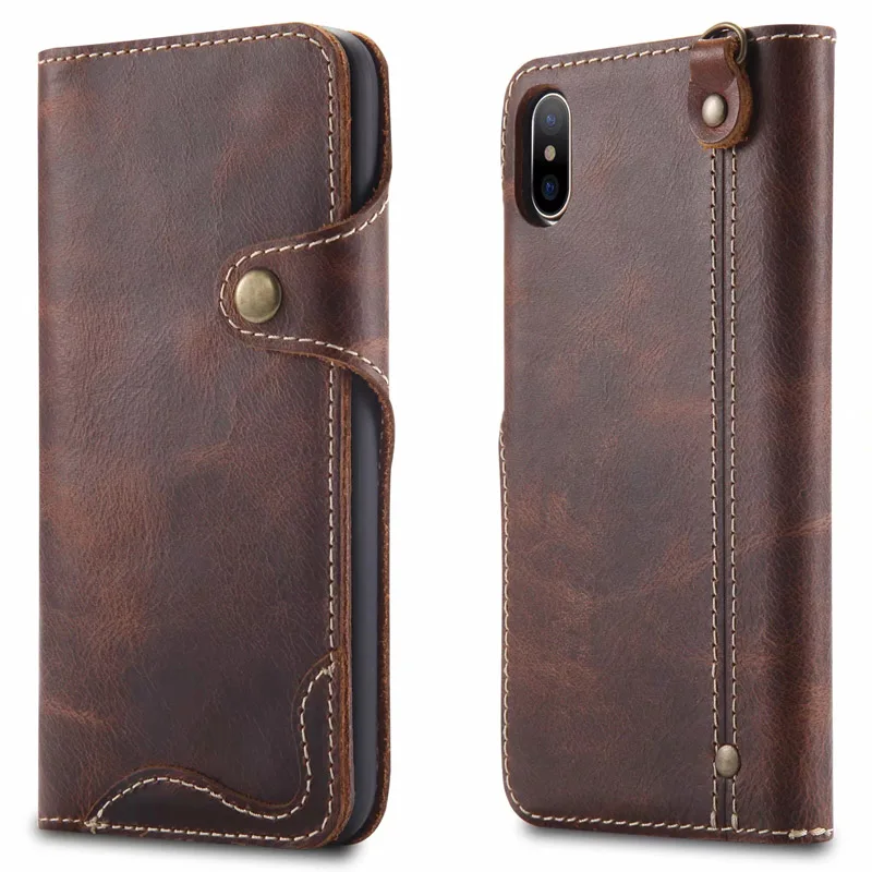 brown With lanyard Чехол из натуральной кожи для Apple iPhone XS Max, роскошный чехол, Ретро Кошелек для Etui iPhone XR X, откидная крышка, iPhone Max X XSmax - Цвет: brown With lanyard