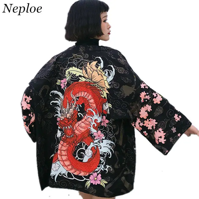 

Neploe Japanese Women Cardigan Half Sleeve V-neck Kimono Blouse Vintage Dragon Print Tops Coat Loose Sun-protective Shirts 35349