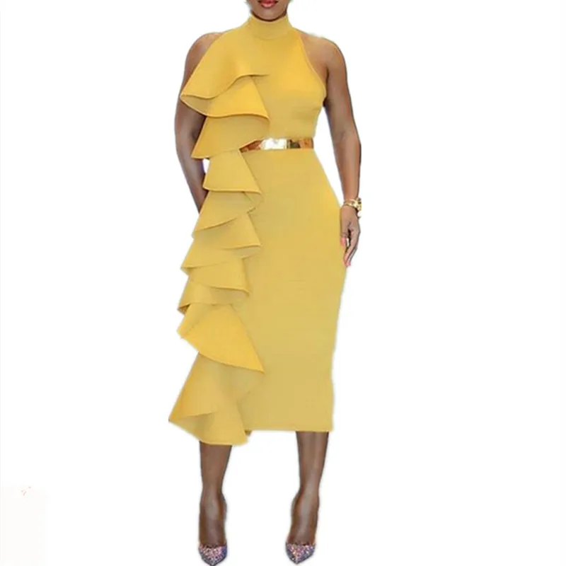 

Women Yellow Slim Dress Patchwork Layers Ruffles Bodycon Dinner Evening Party Dresses Sleeveless 2019 Spring Summer New Tunics