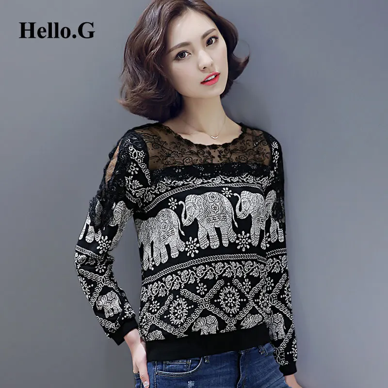 

2016 Spring Bottoming Shirt Korean Slim Lace Elephant Tribal Print Blouses Women Tops Long Sleeve Sexy Chiffon Shirt For Women