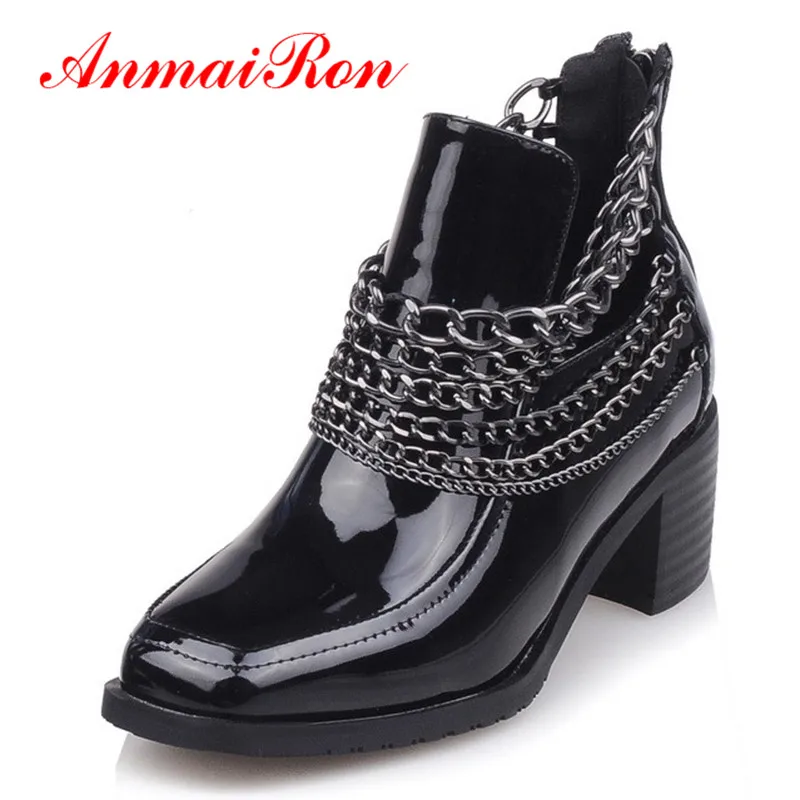 

ANMAIRON Chains Charms Ankle Boots for Women High Heels Zippers Platform Winter Warm Boots Shoes Woman Black Motorcycle Boots