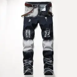 Новые прямые тонкие повседневные джинсы на молнии для мужчин, рваные джинсы, подходящие по цвету дизайнерские креативные эластичные брюки
