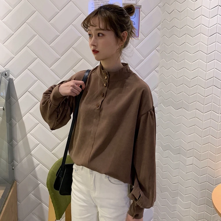  Lychee Girls Button Sweet Blouse Long Puff Sleeve Stand Collar Women Blouse Shirt Spring Autumn Off