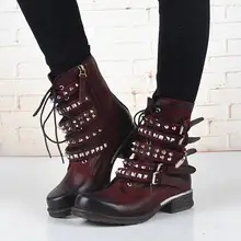 Западный Стиль реального Женские ботинки из кожи квадратный носок черный/цвет красного вина Botas женские пикантные rivels Серебряной Пряжкой Зимние сапоги размеры 34–41