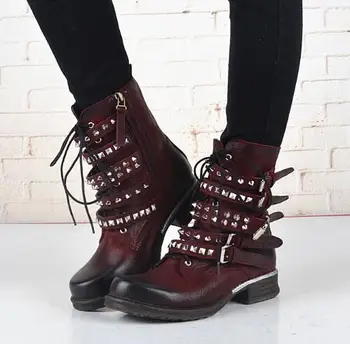 

Western Style Real Leather Women Boots Square Toe Black/ Wine Red Botas Female Sexy Rivels Silver Buckle Winter Boots Size 34-41