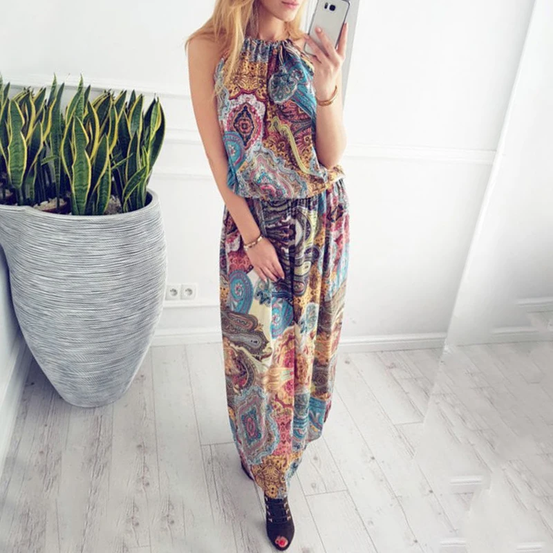 Vintage Floral Printed Boho Beach Dress Woman Casual Loose Halter Sexy Holiday Long Sundress Sleeveless Summer Dresses Vestido
