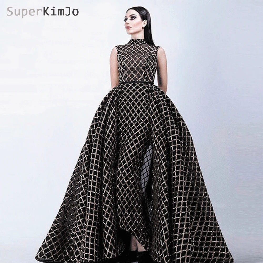 

SuperKimJo 2019 Abendkleider High Neck Evening Dresses Long Black and Gold Evening Gown with Detachable Train