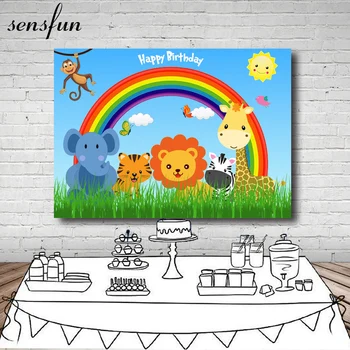 

7x5FT Vinyl Rainbow Safari Party Photography Backdrop Cartoon Tiger Lion Elephant Monkey Sky Blue Backgrounds For Kids
