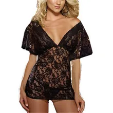 1 шт. Глубокий V дизайн сексуальное женское белье кружева черный прозрачный халат ночная рубашка пижамы с стрингами