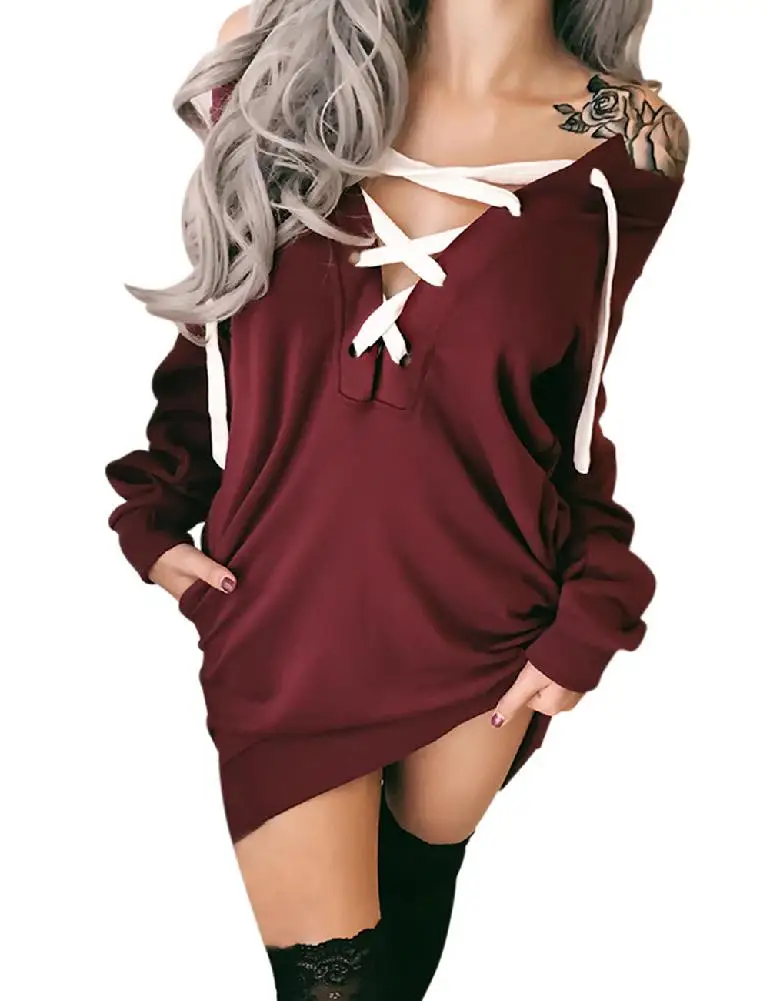 

MISSKY Women Sexy Deep V-neck Bondage Tops Dress Chic Concise Solid Color Shirt Dress