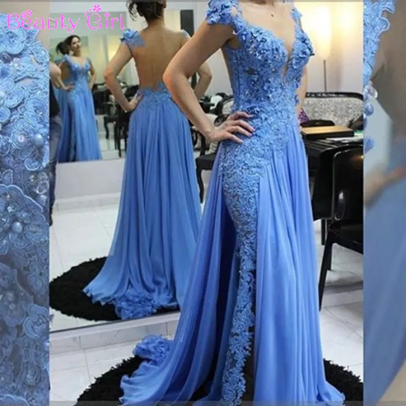Sexy Sheer Back Blue Prom Dresses Long Beaded Appliques Cap Sleeves