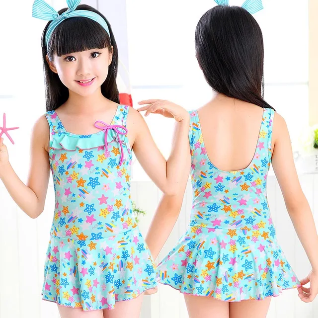 Girls One Piece Swimsuits Skirt Suit Print Flowers Children Swimwear Princesss Kids Beach Dress