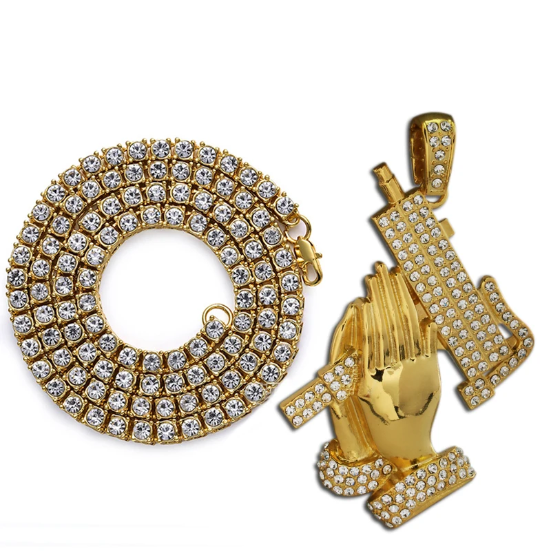 

Golden Iced Out Praying Hands of Defense Large Pendant & 24" 5mm Tennis Chain Necklace Hip Hop Jewelry TOP001