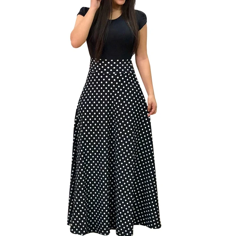 

New Arrival Women Fashion Summer Black Elegant Casual Party Dress Short Sleeve Polka Dots Print Patchwork Maxi Dress
