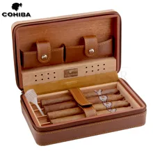 COHIBA Humidor Cigar Box Travel Cigar Case Leather Cedar Wood Cigar Humidor Box W/ Humidifier Cutter Puro Set Accessories 