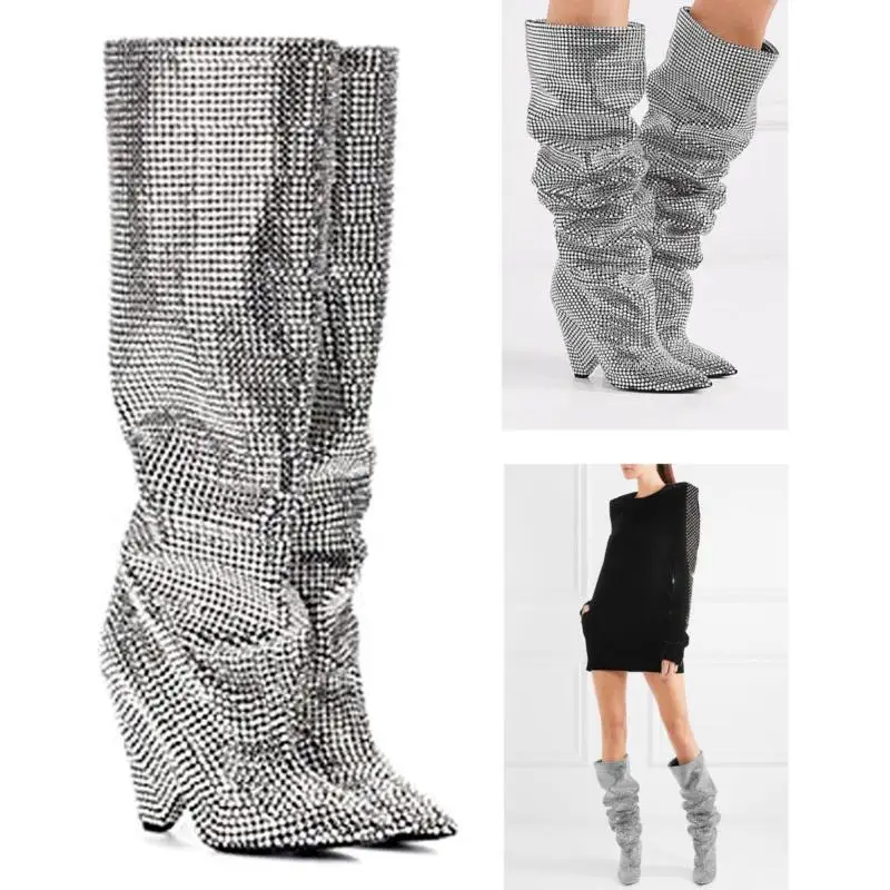 

US4-11 100% Cow leather Embellished Rhinestone Womens Crystal Covered Knee High boots Shoes 6Colors