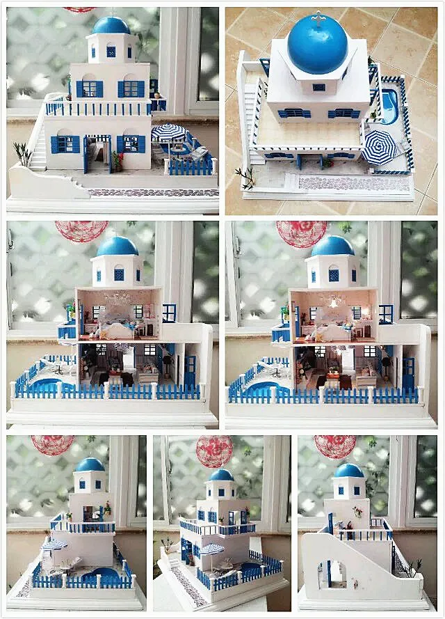 DIY Кукольный дом деревянный голубой морской замок дворцовый миниатюрный DIY кукольный домик мебель комплект комнаты светодиодный свет подарки игрушки для детей