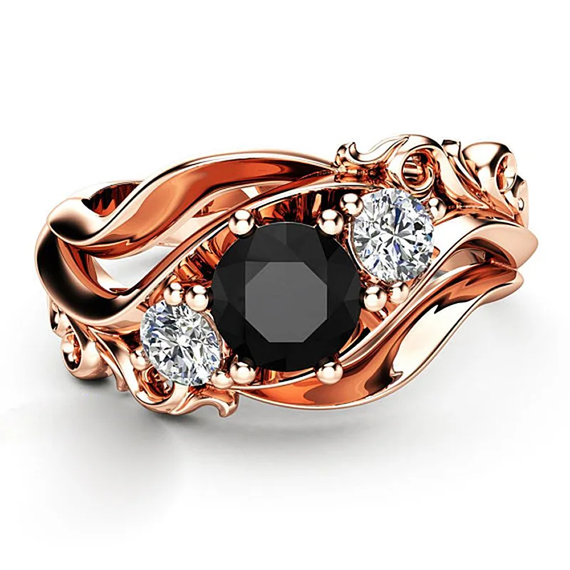 Mossovy Zircon Inlaid With Hollow Flower Rose Gold Wedding Rings for Women Black Rhinestone Engagement Ring for Female Jewelry