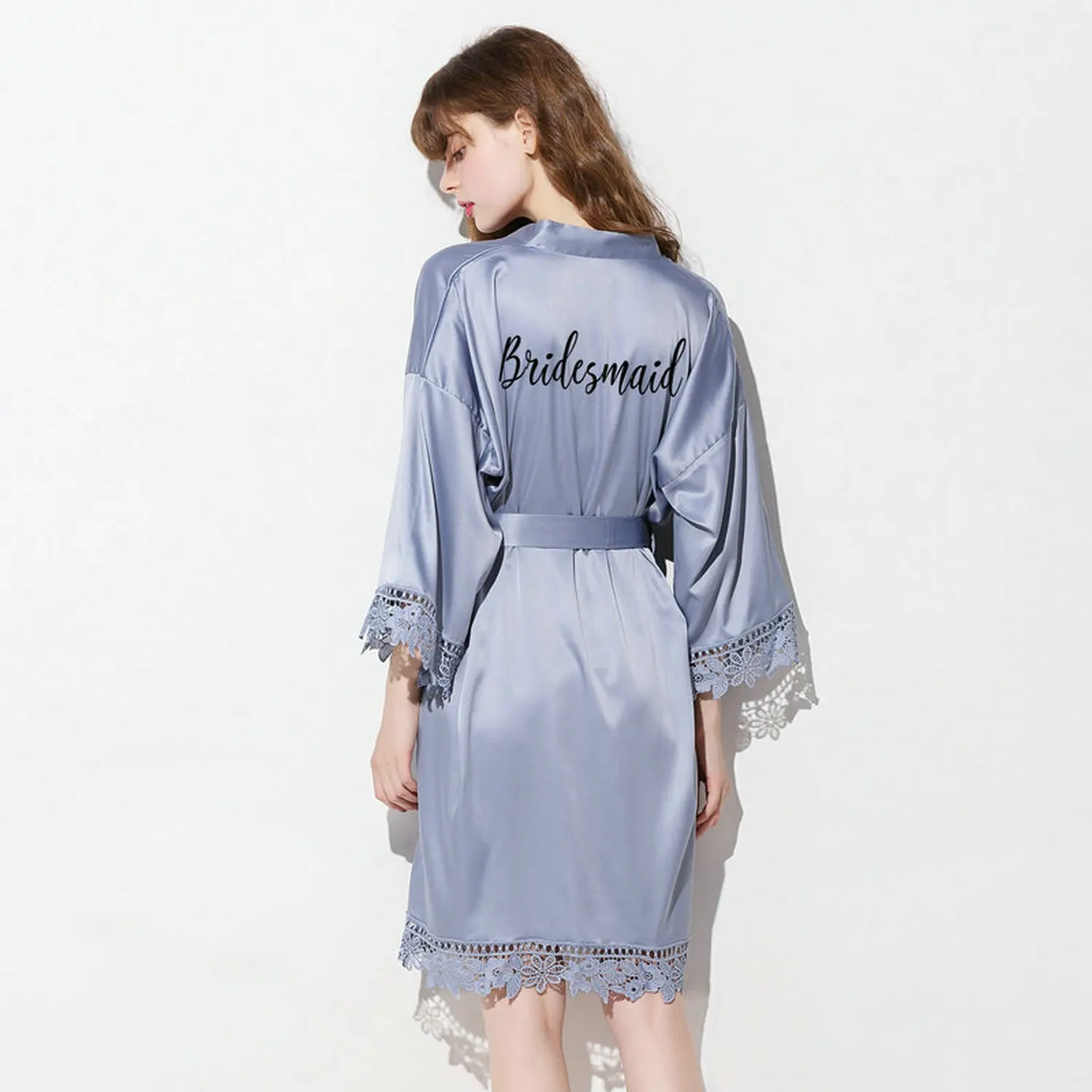 

YUXINBRIDAL 2019 New Bridesmaid Robes Mother Sister Robes Bathrobe Grey Blue Silk Robes Lace Trim Robe Women Robe
