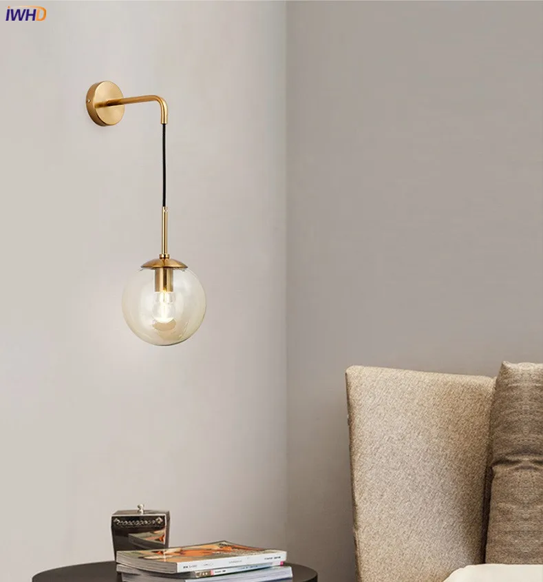 IWHD золото Nordic светодиодный настенный светильник рядом Спальня Гостиная Ванная комната Стекло мяч Настенные светильники Wandlamp аппликация