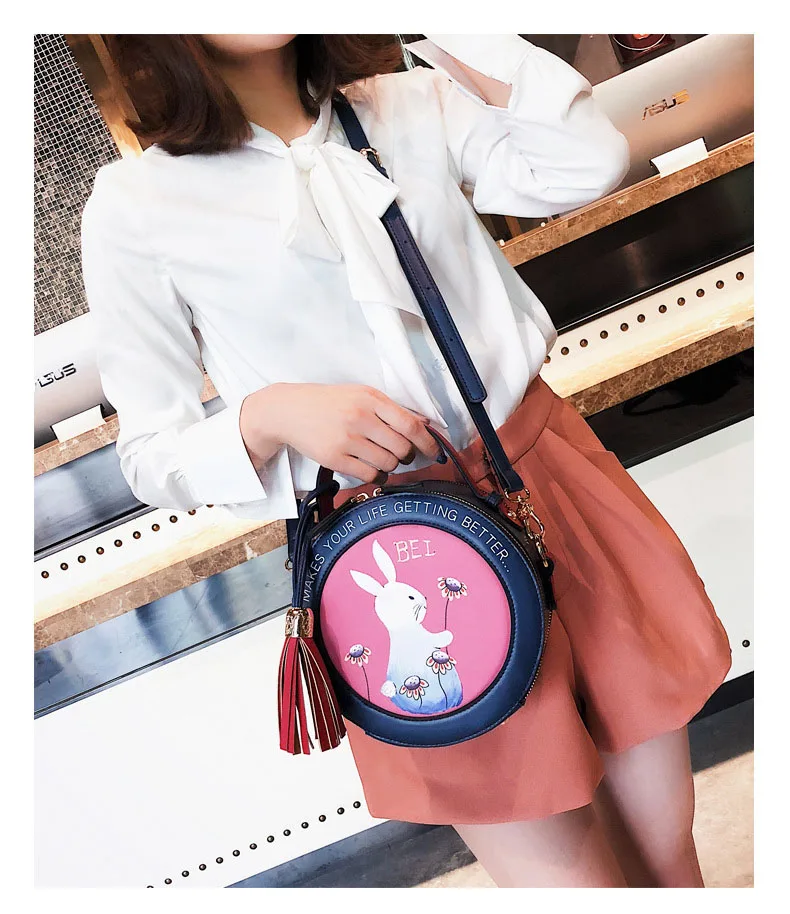 Rabbit Printing Bag Ladies Sweet Round Crossbody Bags Women Leahter Circle Handbags Girl Alice's Mini Black Blue Messenger Purse (15)