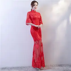 Красный кружево Модные свадебное платье Qipao длинные с новогодней елкой, бумажный платье Тонкий ретро Ци Пао для женщин под старину платья