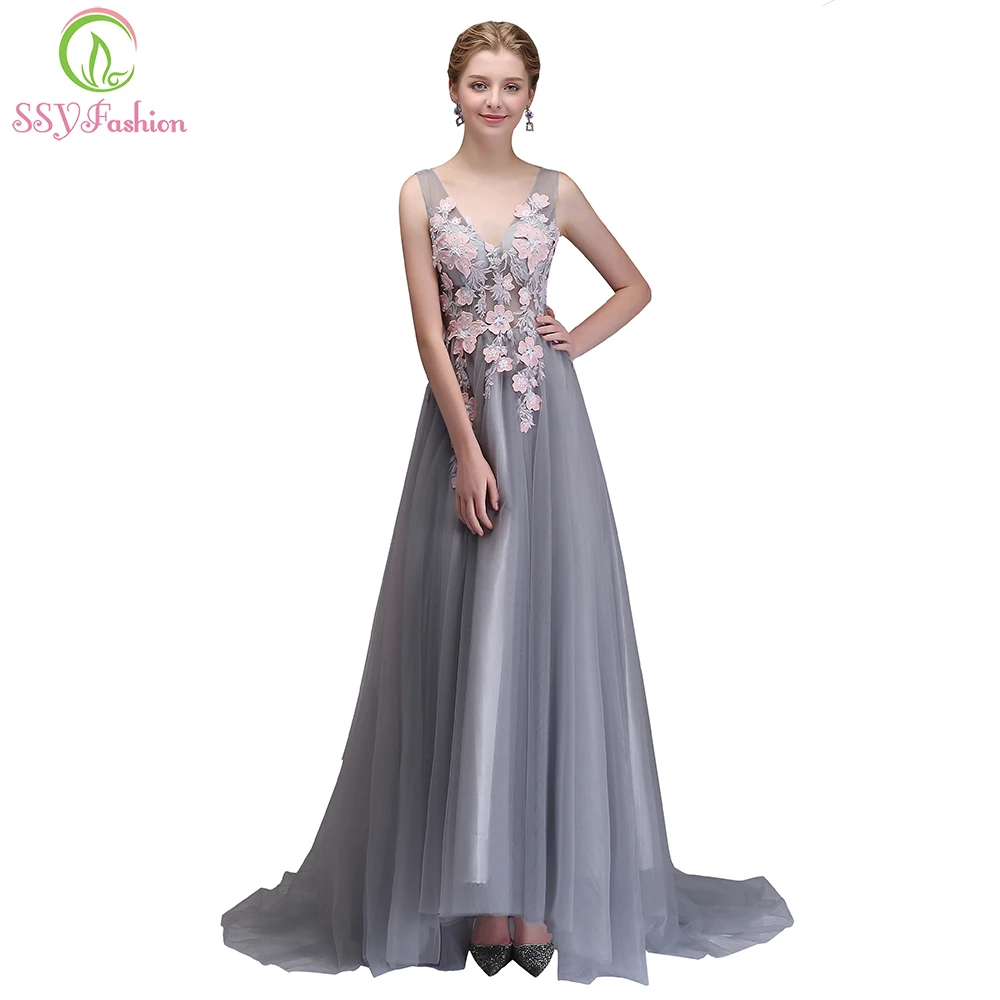 SSYFashion New Evening Dress The Bride Banquet Elegant Grey with Pink Flower V-neck Long Prom Party Formal Gown Robe De Soiree SSYFashion New Evening Dress The Bride Banquet Elegant Grey with Pink Flower V-neck Long Prom Party Formal Gown Robe De Soiree