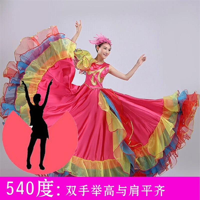 Новое открытие танцевальные платья представление большое свободное платье костюм испанское фламенко полная юбка взрослый женский сценический костюм H570 - Цвет: Rose540