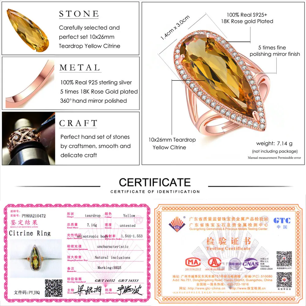 LAMOON 925 Sterling Silver Jewelry Rings Luxury Gemstone Natural Big TearDrop Citrine Cocktail Amber Ring ChALkeR Anel Feminino