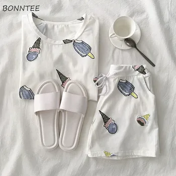 

Pajama Sets Women Cartoon Printed Sleeve Female Kawaii Daily Women Pajamas Lovely Summer Loose Comfortable Korean Style Womens