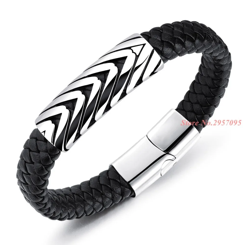 Hot Brand Mens Bracelets 21.5cm Length Black Leather & Stainless Steel