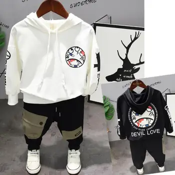 

Spring new fashion boy suit children cartoon letter hooded sweater + pocket casual pants two sets of infant suit 2-6 years