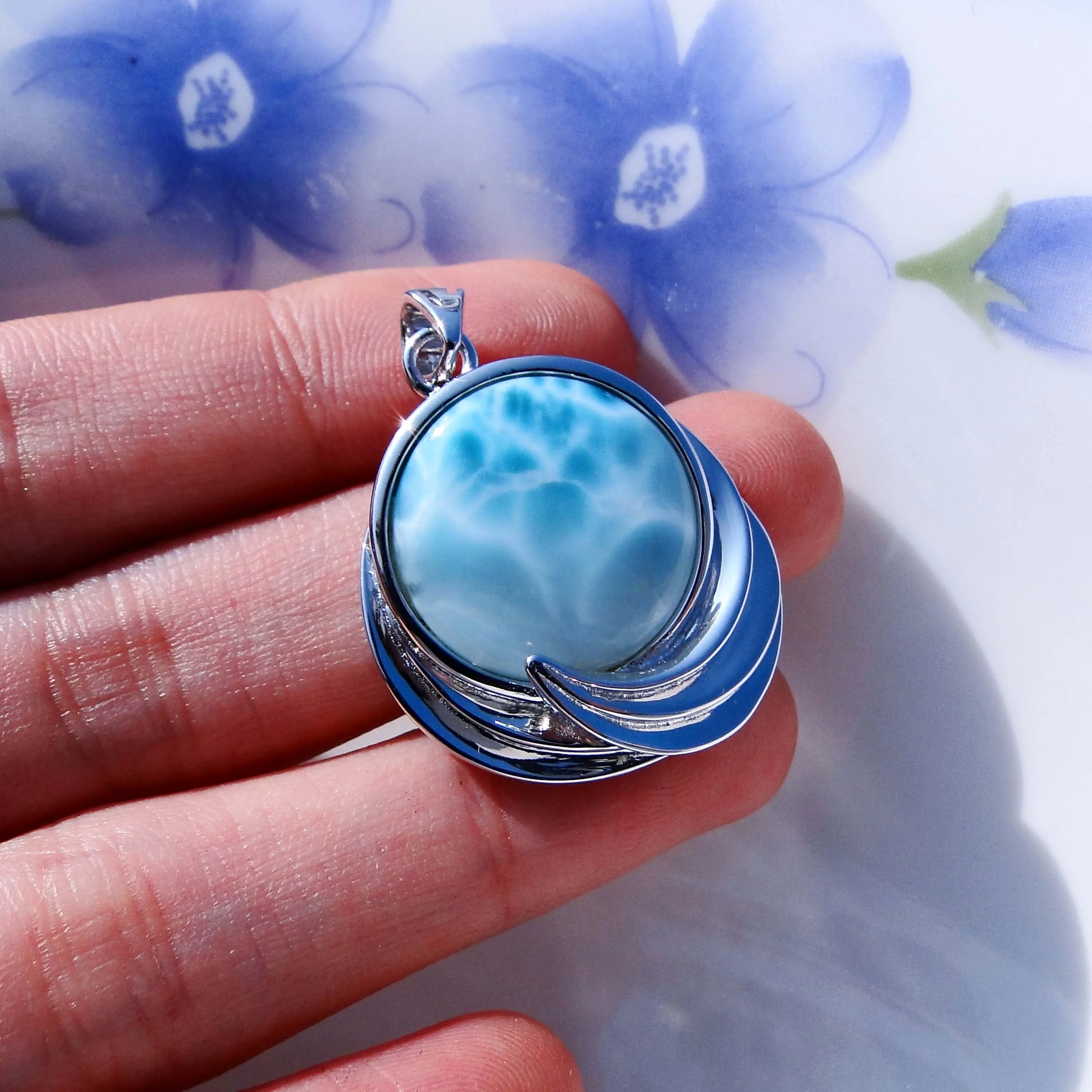 Round Natural Larimar Infinity .925 Sterling Silver Charm Pendant 
