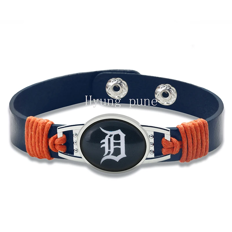 6pcs Lot Detroit Tigers Genuine Leather Adjule Bracelet Detroit Tigers Genuine Leather Adjule Bracelet Wristband Cuff 12mm Dark Blue Snap On Charm Jewelry In Bracelets From