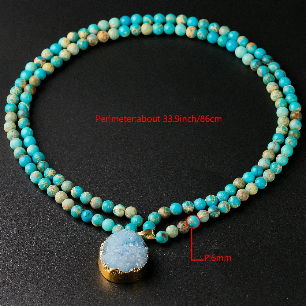 Natural Sea sediments 6MM Beads Imperial Stone With Druzy Pendent Charm Necklace For Women Men Unisex Jewelry Lover’s Gift