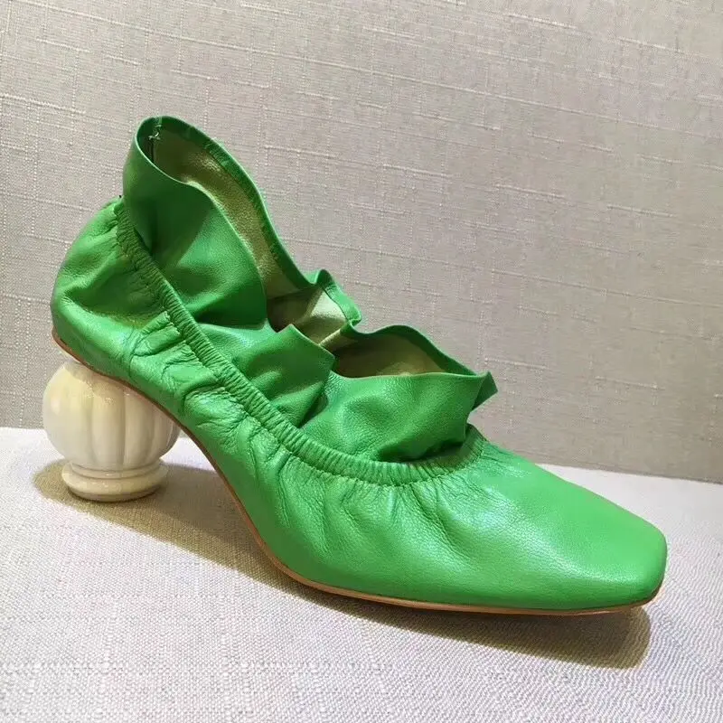 Mstacchi Волан плиссированные круглый каблук Женская обувь стиль натуральная кожа женские туфли-лодочки с квадратным носком странный стиль каблука бабушка обуви - Цвет: green
