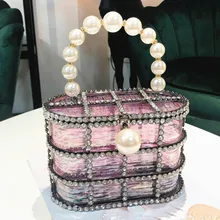 Винтажный стиль, жемчужная ручка, Женская сумочка, металлическая рамка, роскошные стразы, вечерняя сумочка, ПВХ, трансвент, сумка на плечо, кошелек