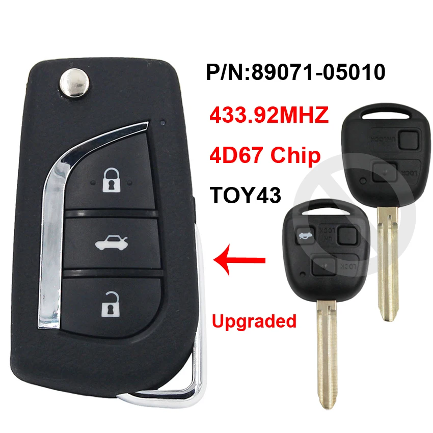 

Remote Upgraded Car Key 433.92MHz 4D67 Chip TOY43 Uncut Blade for Toyota Avensis 2003 2004 2005 2006 2007 2008 P/N: 89071-05010
