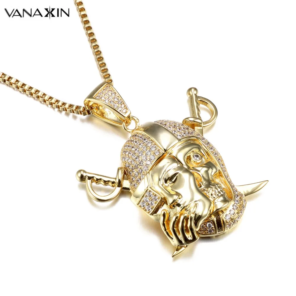 

VANAXIN Pendants&Necklaces For Men CZ Crystal Punk Hip Hop Jewelry CZ Gold Color Male Rock Strange Fashion 2018 Jewelry Male Box