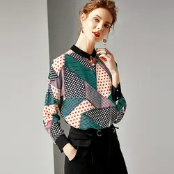 Новинка 2019 года дизайнер весна чистого шелка блузка для женщин высокое качество элегантный с длинными рукавами геометрическим Принто