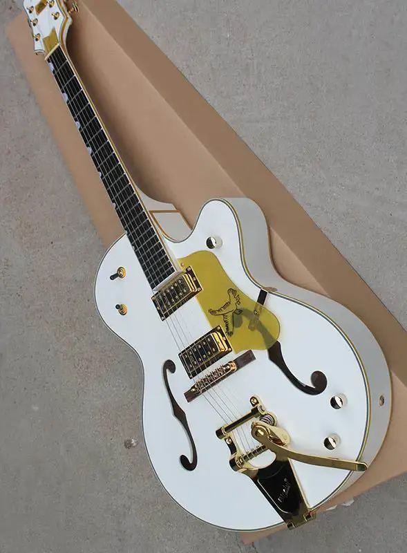 White Semi Electric Guitar with Gold Pickguard Hollow, Rosewood Scale, Tremolo System, Gold