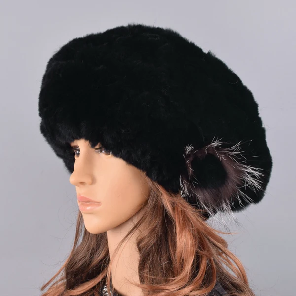Береты, шапки для женщин, зимняя шапка из кроличьего меха, повседневные Теплые трикотажные шапки для девочек, женские модные уличные большие дамские объемные шапки - Цвет: Black