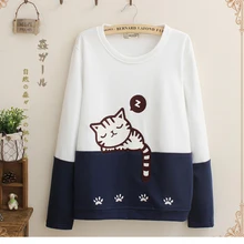Harajuku Для женщин Повседневное хлопковая толстовка Симпатичные Спящая кошка Вышивка японский Мори девушка зима свитер с длинными рукавами